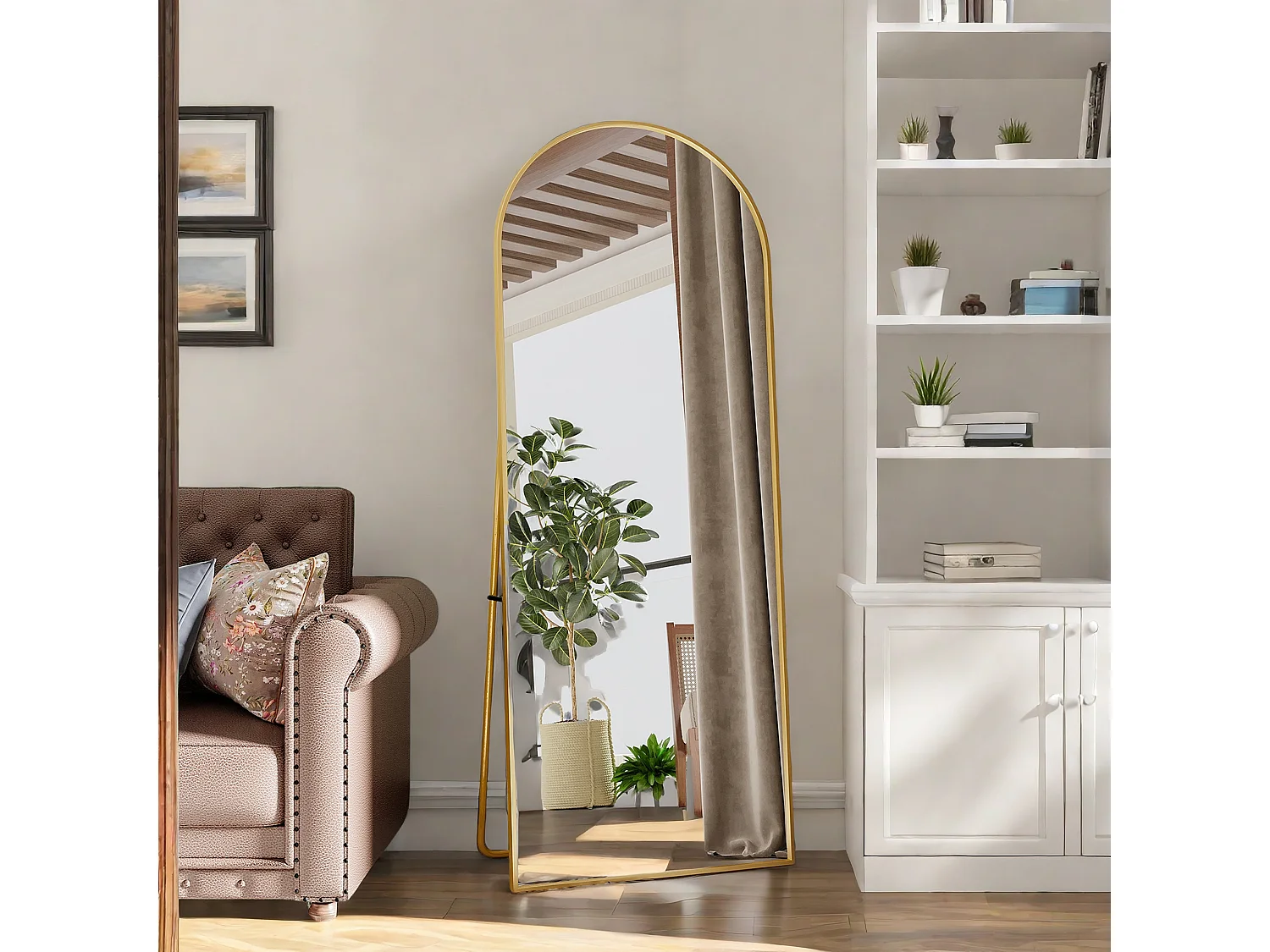 Miroir arqué Miroir au sol, suspendu, debout, incliné, Miroir de chambre Miroir mural Miroir  avec cadre en alliage d'aluminium, Doré, 165x60 cm