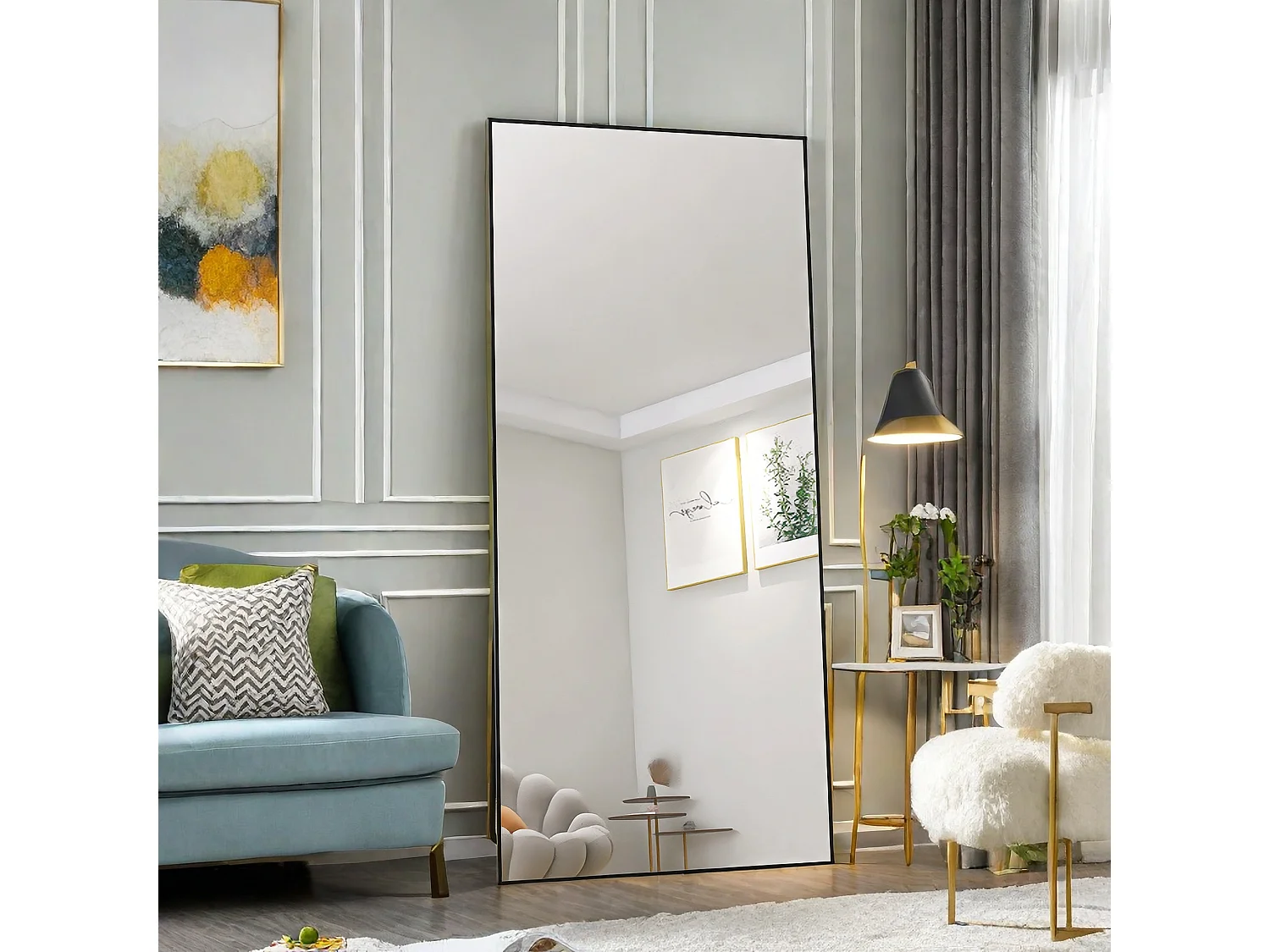 Miroir Rectangle, Miroir au sol, debout, incliné, Miroir de chambre Miroir,  avec cadre en alliage d'aluminium, noir, 180x80 cm
