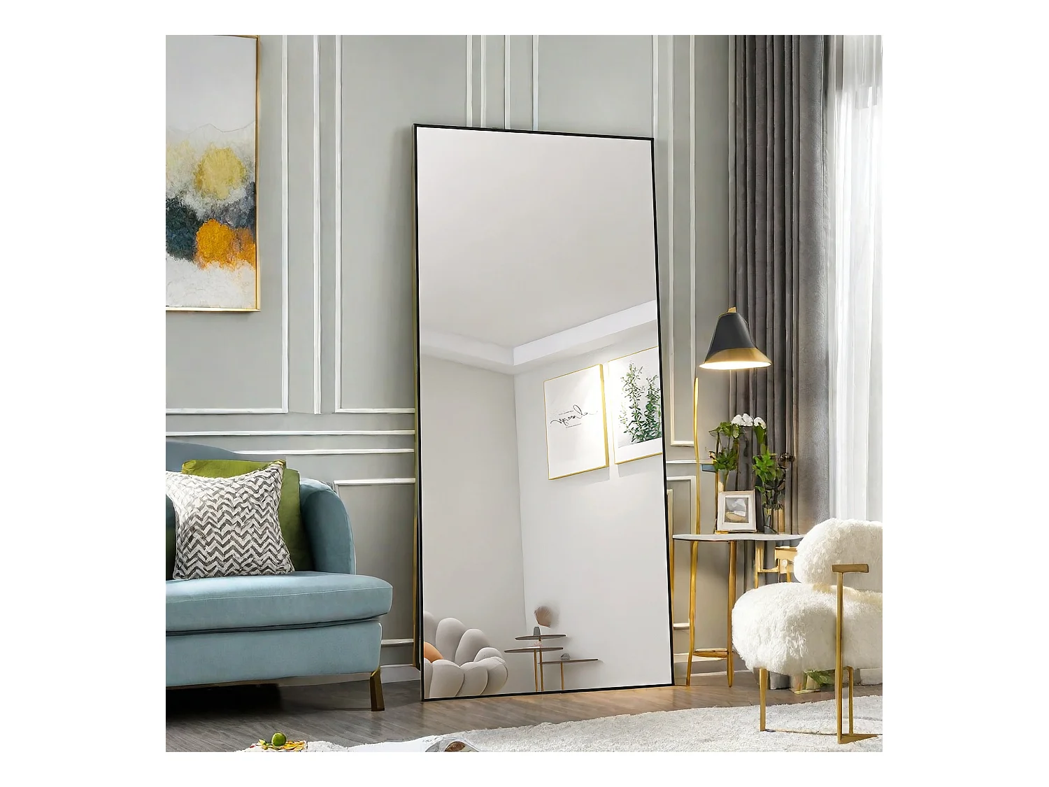Miroir Rectangle, Miroir au sol, debout, incliné, Miroir de chambre Miroir,  avec cadre en alliage d'aluminium, noir, 180x80 cm