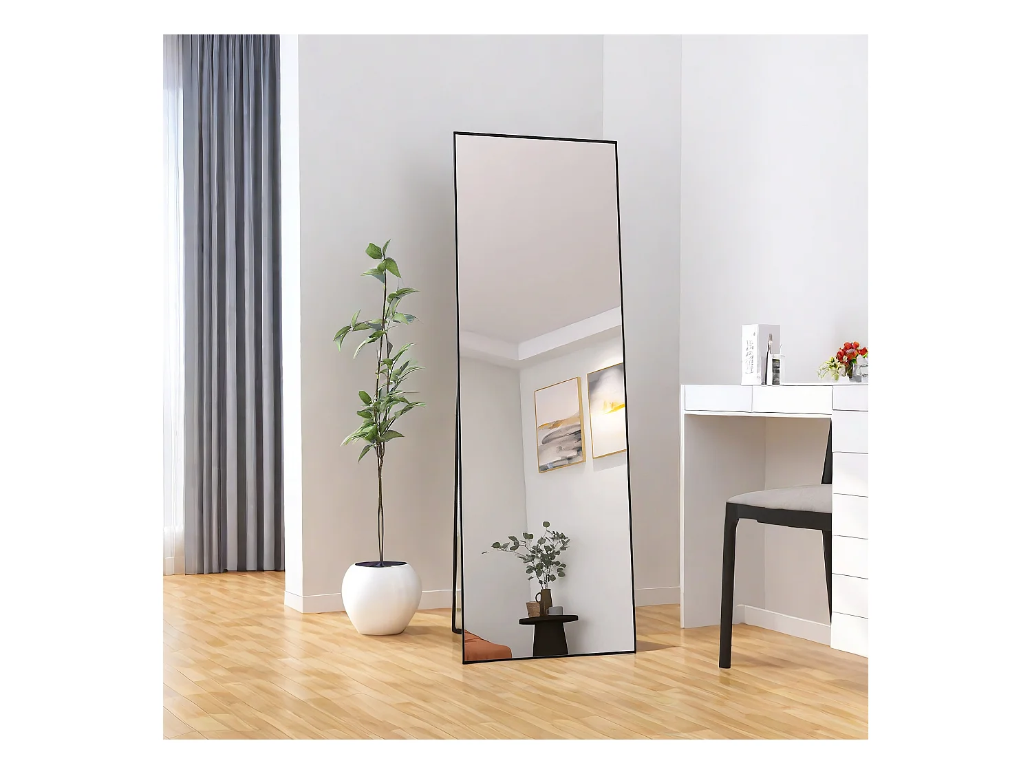 Miroir Rectangle, Miroir au sol, debout, incliné, Miroir de chambre Miroir,  avec cadre en alliage d'aluminium, noir, 165x60 cm