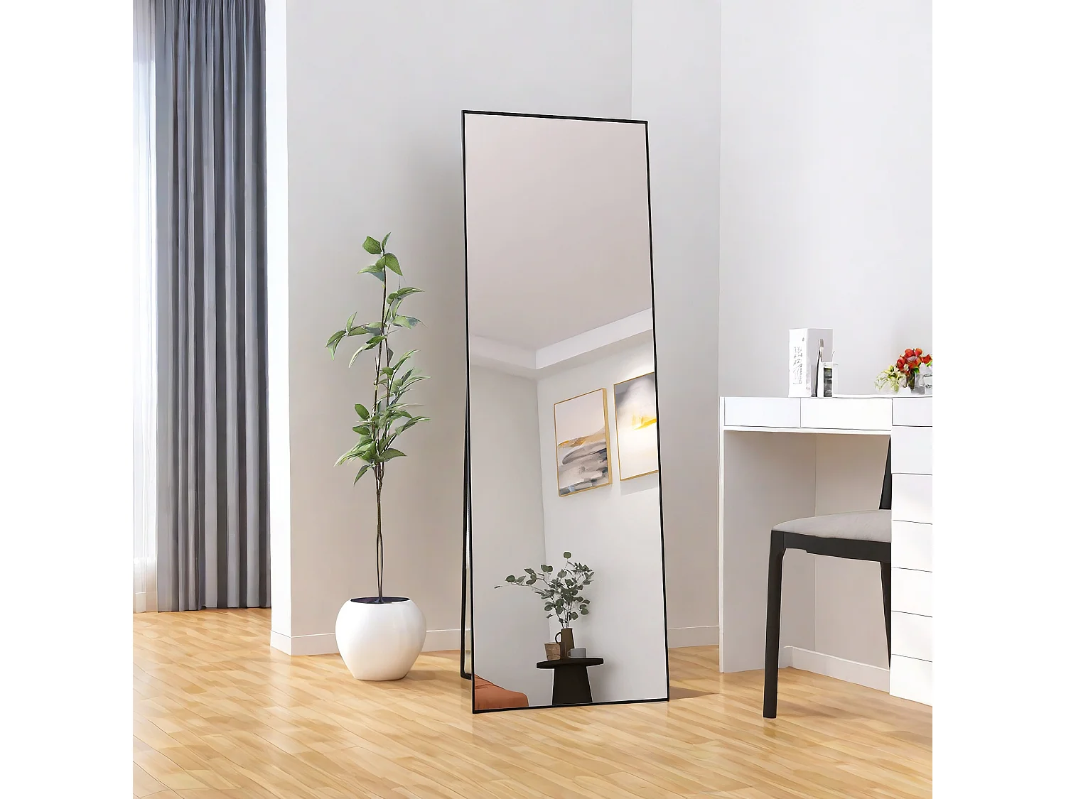 Miroir Rectangle, Miroir au sol, debout, incliné, Miroir de chambre Miroir,  avec cadre en alliage d'aluminium, noir, 165x60 cm