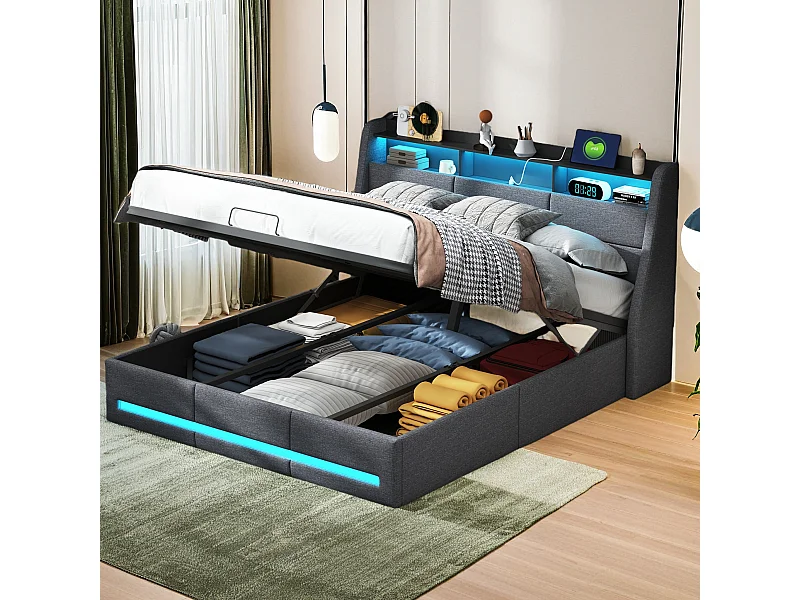 Lit Double Rembourré, Lit 160x200cm, Cadre de Lit, Lit Coffre ,Lit Double, avec LED, avec Rangement sous Lit, Lin, Gris(sans Matelas)