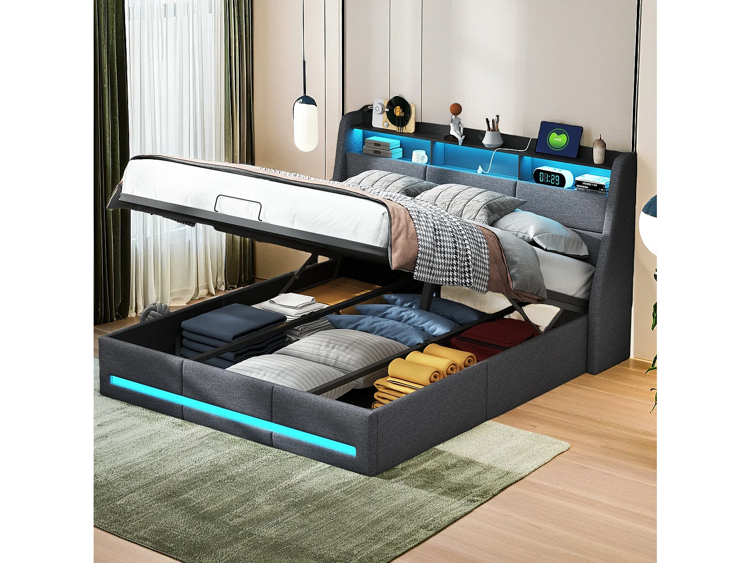 Lit Double Rembourré, Lit 160x200cm, Cadre de Lit, Lit Coffre ,Lit Double, avec LED, avec Rangement sous Lit, Lin, Gris(sans Matelas)