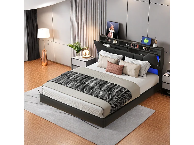 Lit Double Rembourré, Lit 140x200cm, Cadre de Lit, Lit Coffre ,Lit Double, avec LED, avec Rangement sous Lit, PU, Noir (sans Matelas)