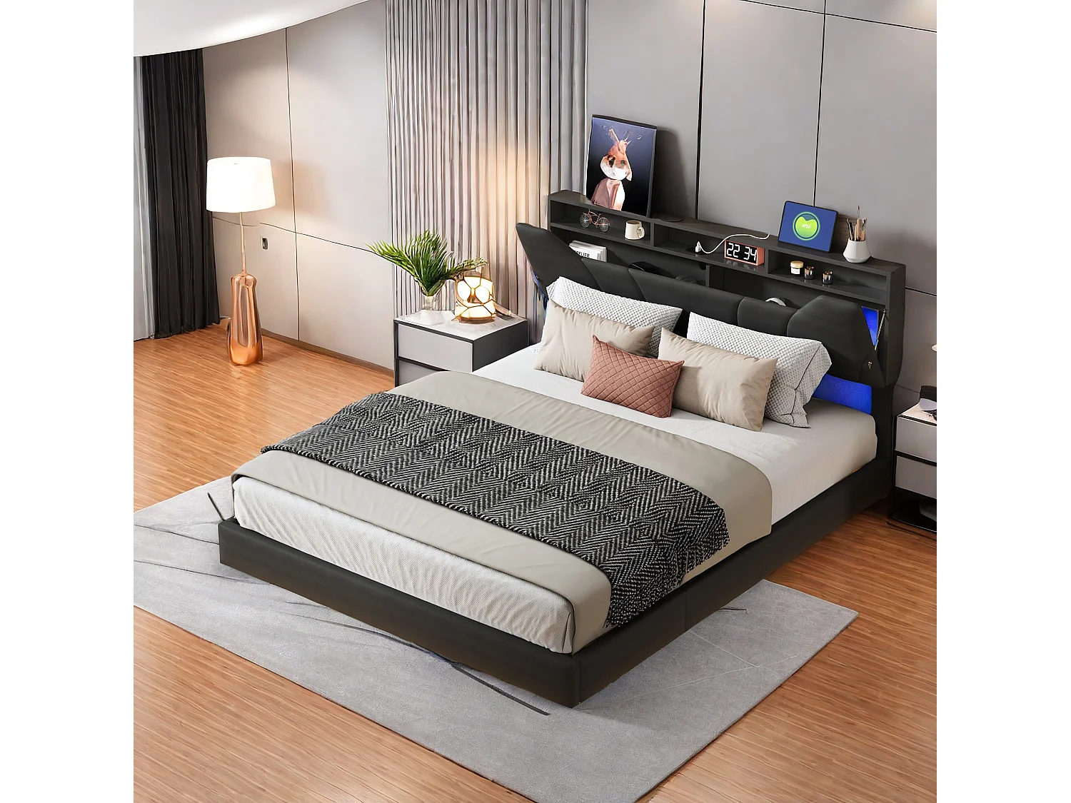 Lit Double Rembourré, Lit 140x200cm, Cadre de Lit, Lit Coffre ,Lit Double, avec LED, avec Rangement sous Lit, PU, Noir (sans Matelas)