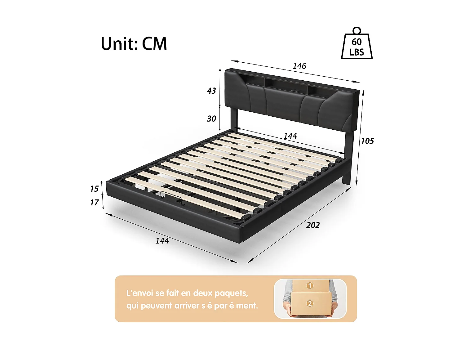 Lit Double Rembourré, Lit 140x200cm, Cadre de Lit, Lit Coffre ,Lit Double, avec LED, avec Rangement sous Lit, PU, Noir (sans Matelas)