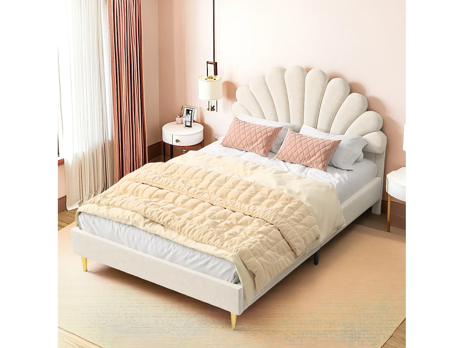 Lit double Rembourré, cadre de lit, lit 140x200 cm, velours, beige (matelas non inclus)