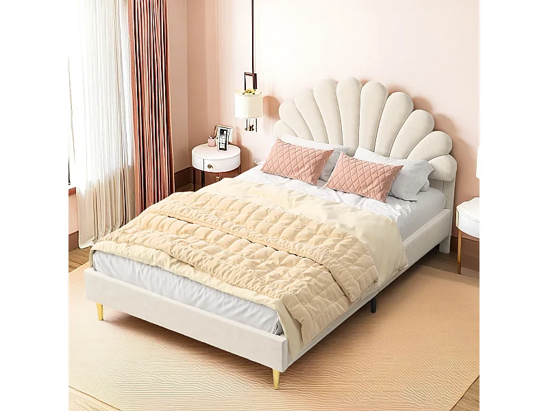 Lit double Rembourré, cadre de lit, lit 140x200 cm, velours, beige (matelas non inclus)