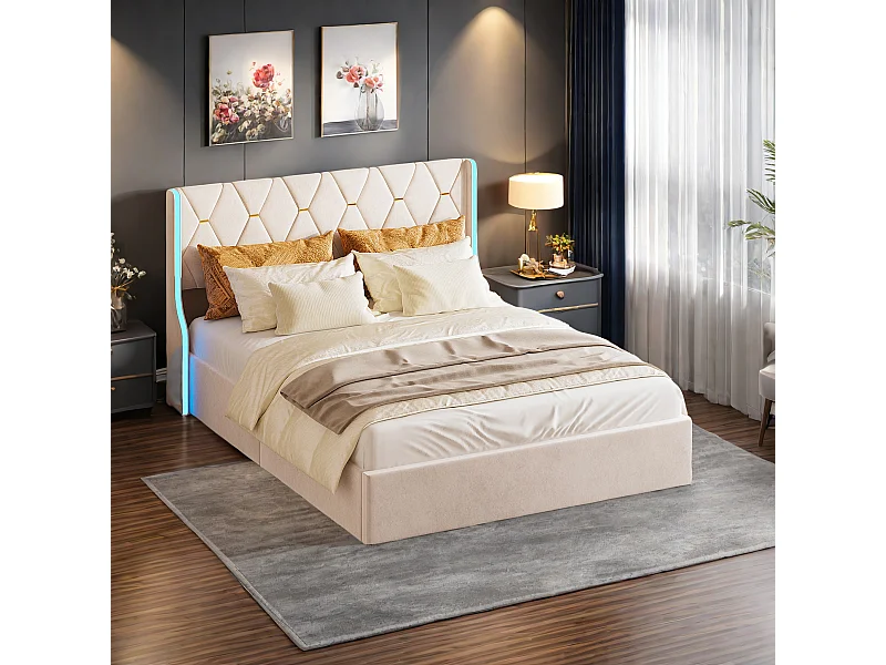 Lit Double Rembourré, Cadre de Lit, Lit 160x200cm,  Lit Coffre ,Lit Double,  avec Rangement sous Lit, Velours, Beige(sans Matelas)