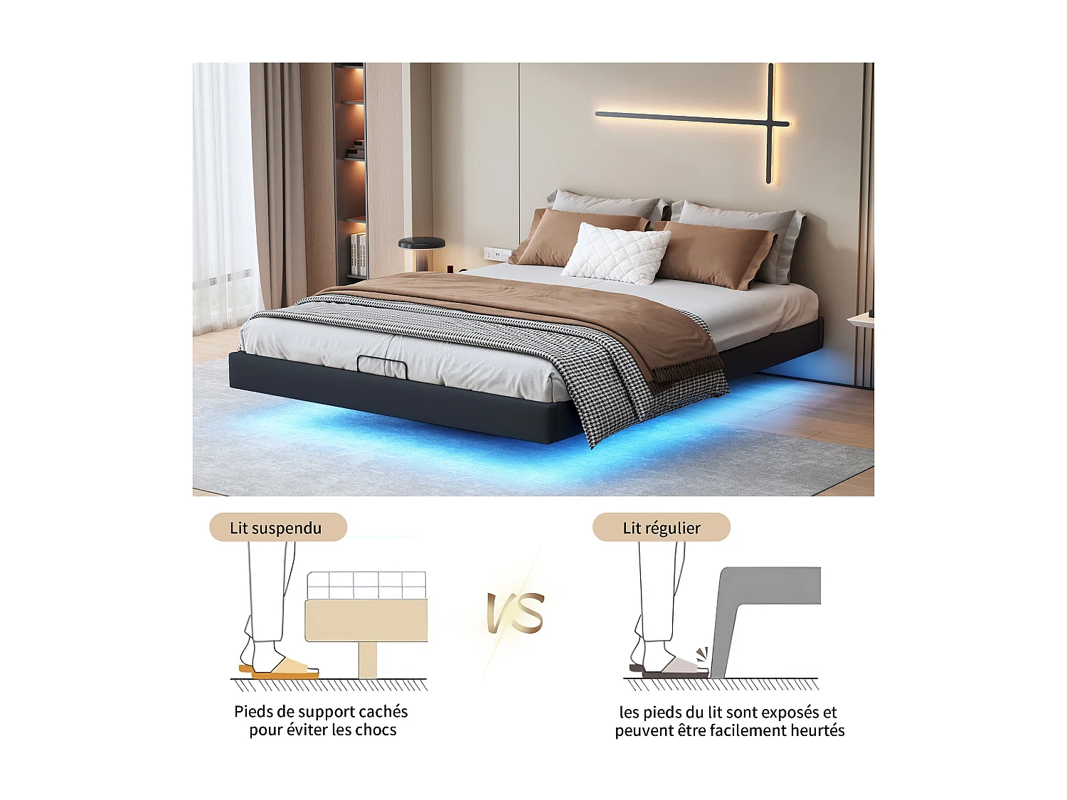 Lit Double Rembourré, Lit 160x200cm, Cadre de Lit, Lit Coffre ,Lit Double, Pas de tête de lit, avec LED, avec Rangement sous Lit, pu, Noir(sans Matelas)