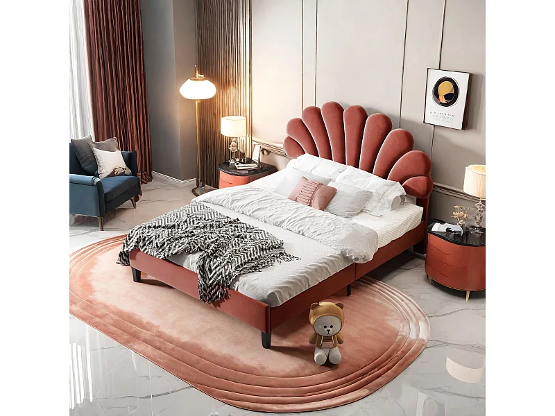 Lit double rembourré 140 x 200 cm, cadre de lit, tête de lit en forme de pétale, velours,  rouge(sans Matelas)