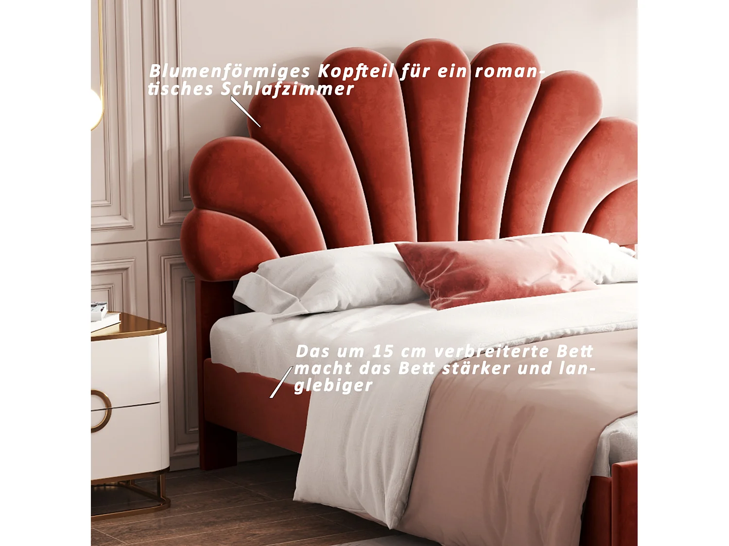 Lit double rembourré 140 x 200 cm, cadre de lit, tête de lit en forme de pétale, velours,  rouge(sans Matelas)