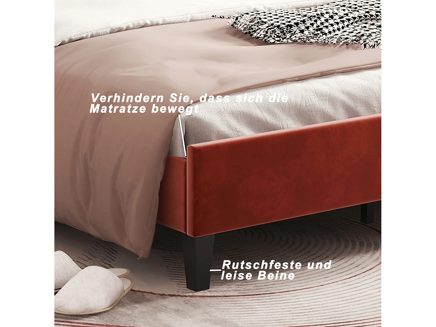 Lit double rembourré 140 x 200 cm, cadre de lit, tête de lit en forme de pétale, velours,  rouge(sans Matelas)