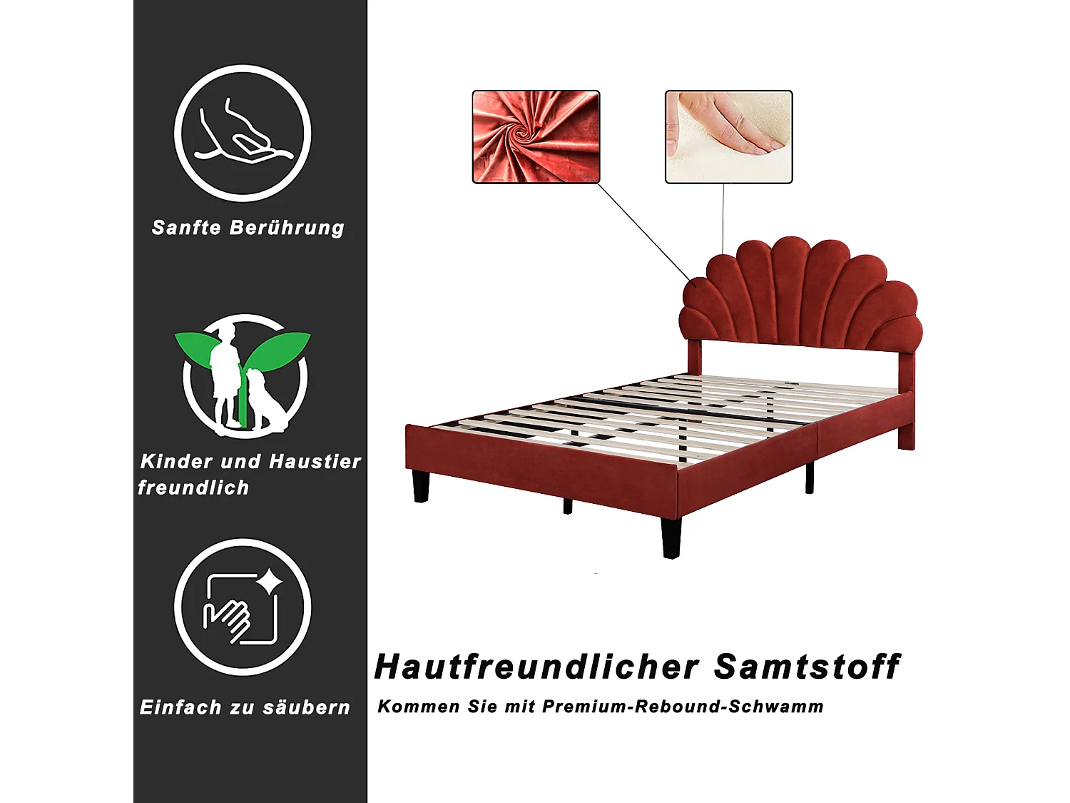 Lit double rembourré 140 x 200 cm, cadre de lit, tête de lit en forme de pétale, velours,  rouge(sans Matelas)