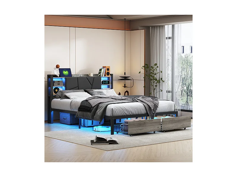 Lit Double, Lit 160x200cm, Cadre de Lit, Lit Coffre ,Lit Double avec LED, avec 2 Tiroirs sous Lit, PU, Noir (sans Matelas)