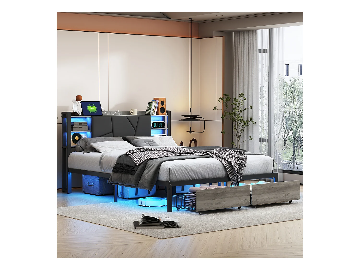 Lit Double, Lit 160x200cm, Cadre de Lit, Lit Coffre ,Lit Double avec LED, avec 2 Tiroirs sous Lit, PU, Noir (sans Matelas)