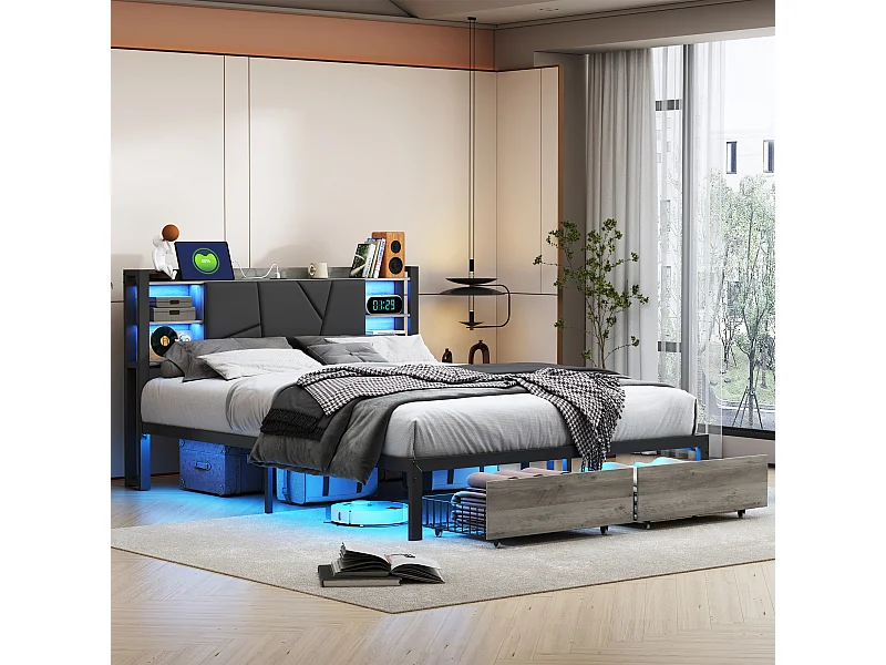 Lit Double, Lit 160x200cm, Cadre de Lit, Lit Coffre ,Lit Double avec LED, avec 2 Tiroirs sous Lit, PU, Noir (sans Matelas)