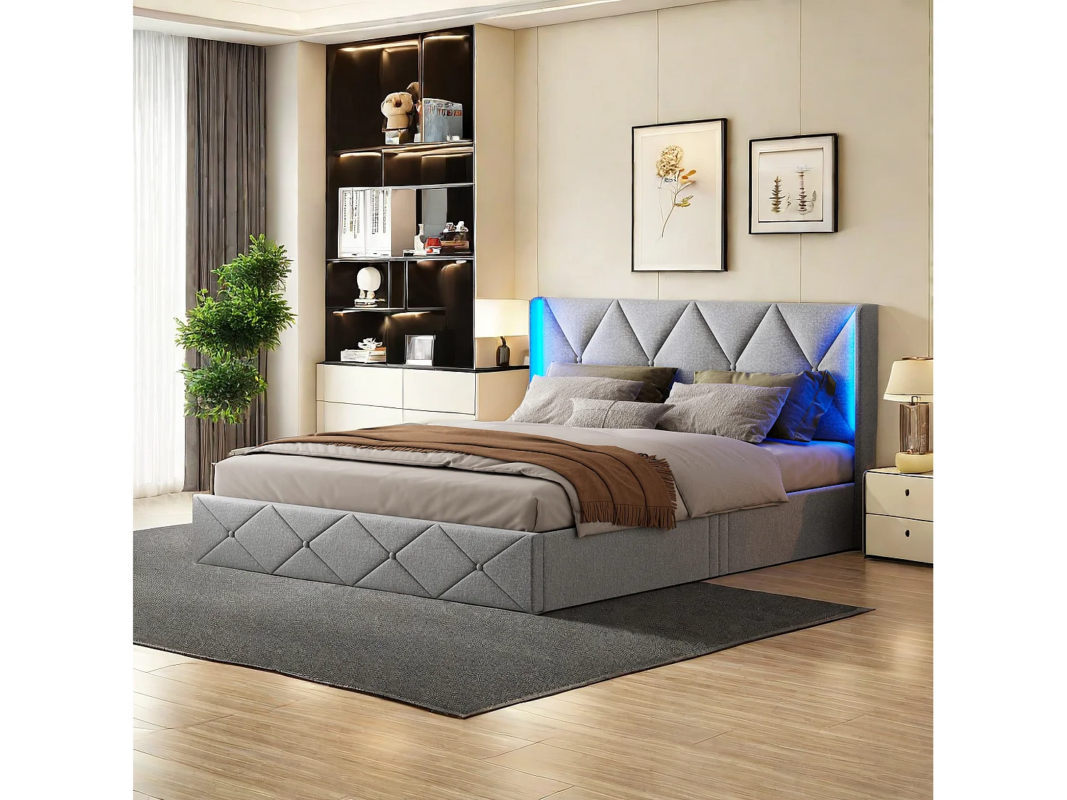 Lit Double Rembourré, Cadre de Lit, Lit 140x200cm,  Lit Coffre ,Lit Double, avec led, avec Rangement sous Lit, Velours, Gris(sans Matelas)