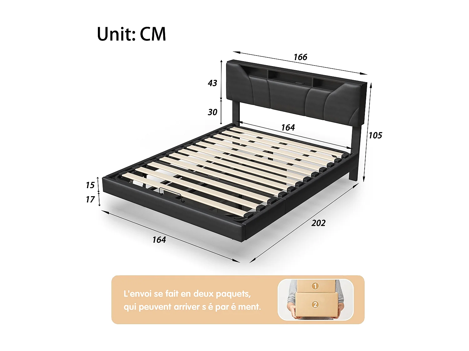 Lit Double Rembourré, Lit 160x200cm, Cadre de Lit, Lit Coffre ,Lit Double, avec LED, avec Rangement sous Lit, pu, Noir(sans Matelas)