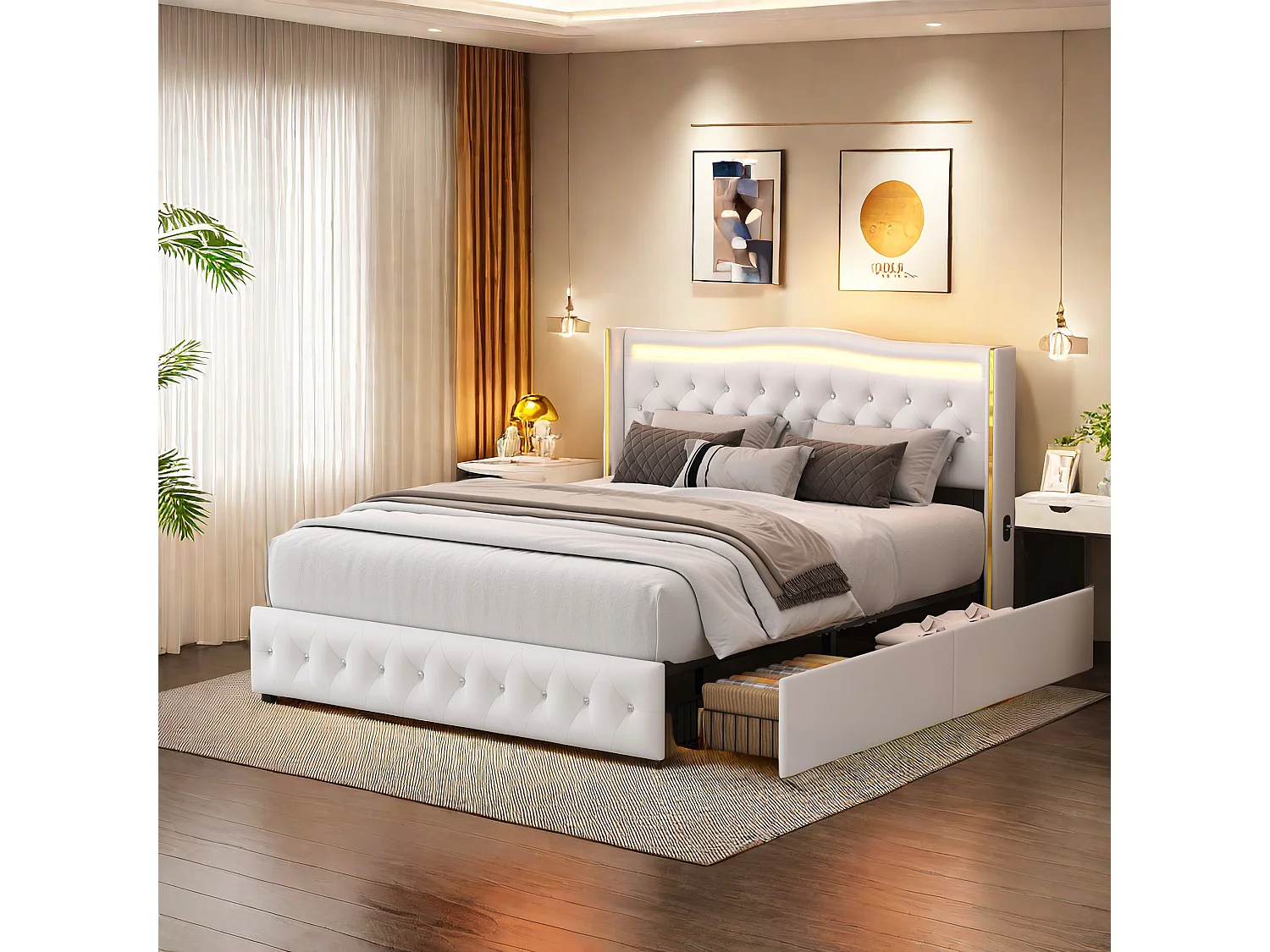 Lit Double Rembourré, Lit 160x200cm, Cadre de Lit, Lit Coffre ,Lit Double avec LED, avec 4 Tiroirs sous Lit, pu, Blanc (sans Matelas)