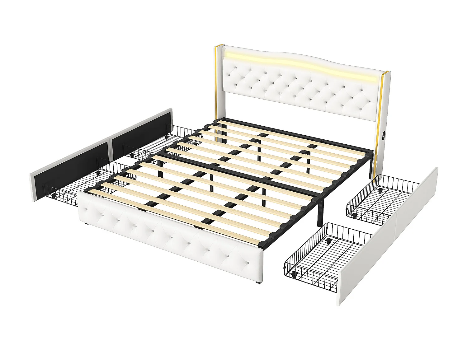 Lit Double Rembourré, Lit 160x200cm, Cadre de Lit, Lit Coffre ,Lit Double avec LED, avec 4 Tiroirs sous Lit, pu, Blanc (sans Matelas)