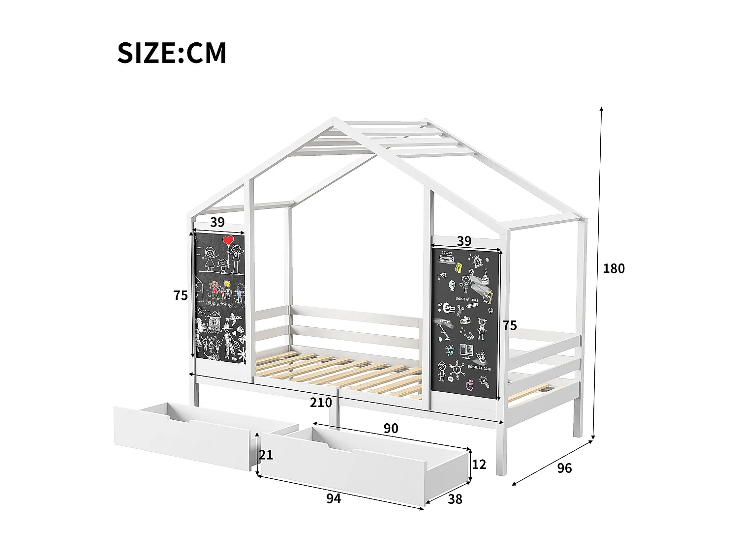 Lit cabane, lit enfant, lit simple, 90x200cm, cadre de lit avec 2 tableaux noirs, 2 tiroirs sous le lit, rangements, blanc(sans Matelas)