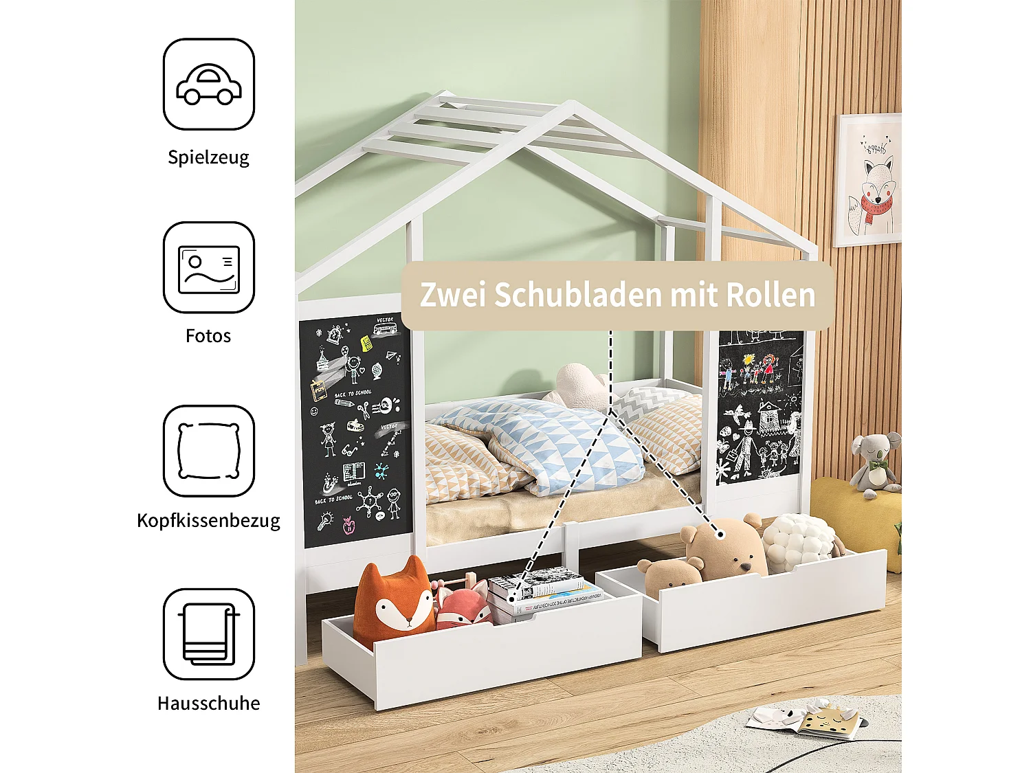 Lit cabane, lit enfant, lit simple, 90x200cm, cadre de lit avec 2 tableaux noirs, 2 tiroirs sous le lit, rangements, blanc(sans Matelas)