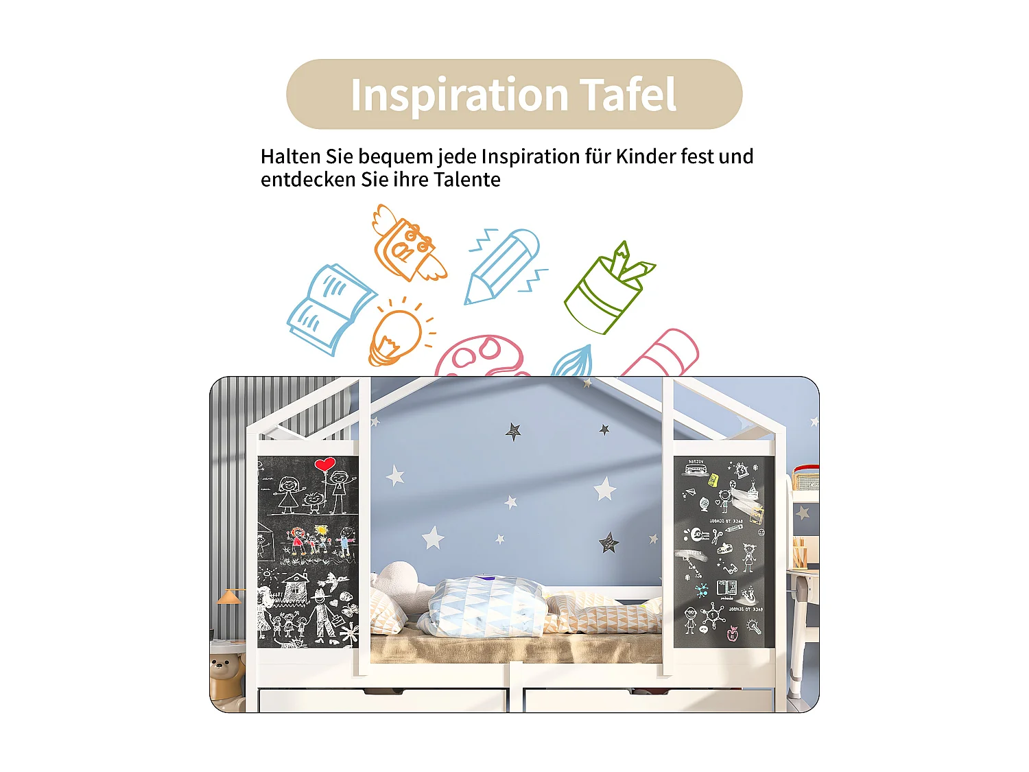 Lit cabane, lit enfant, lit simple, 90x200cm, cadre de lit avec 2 tableaux noirs, 2 tiroirs sous le lit, rangements, blanc(sans Matelas)