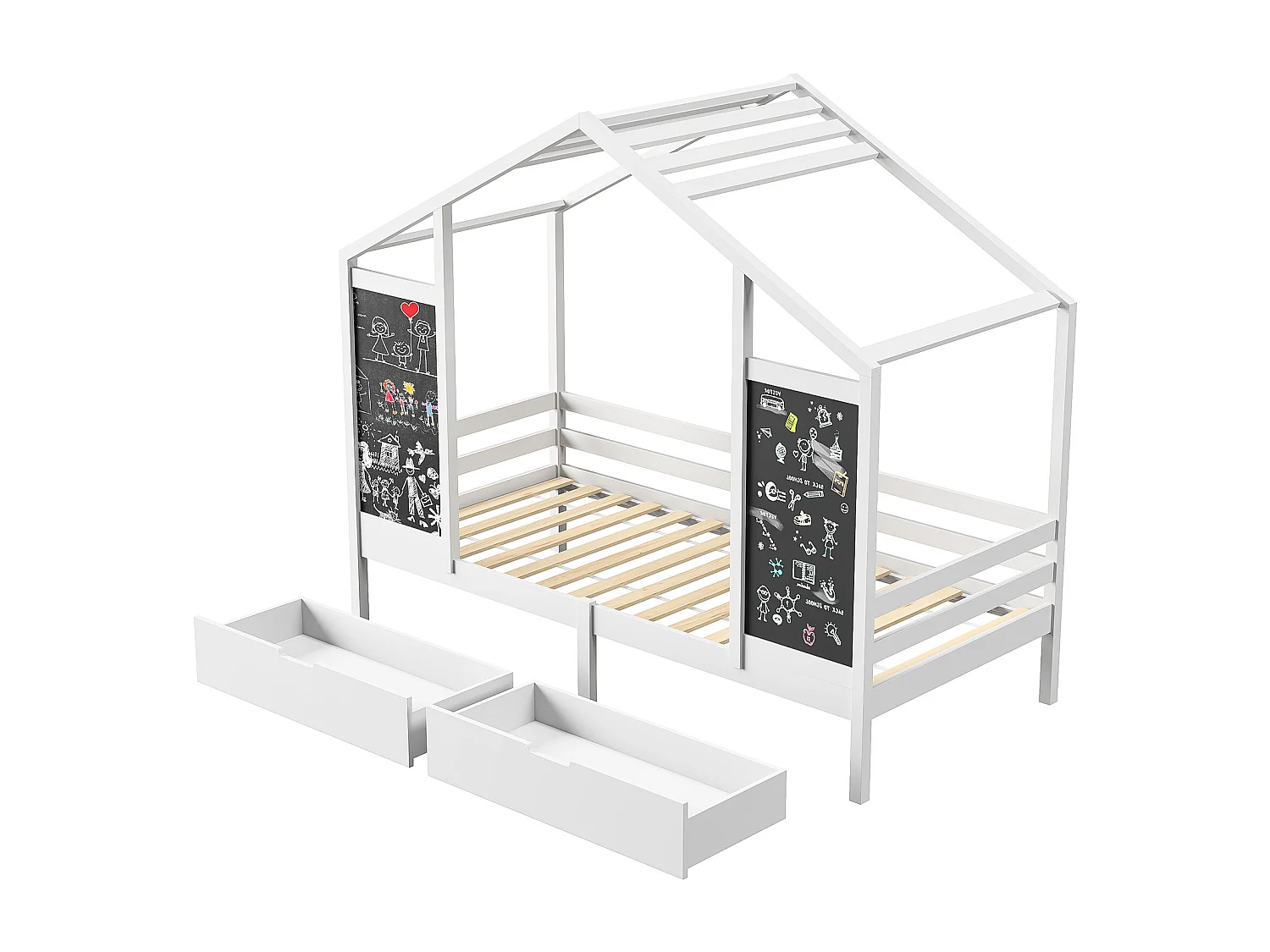 Lit cabane, lit enfant, lit simple, 90x200cm, cadre de lit avec 2 tableaux noirs, 2 tiroirs sous le lit, rangements, blanc(sans Matelas)