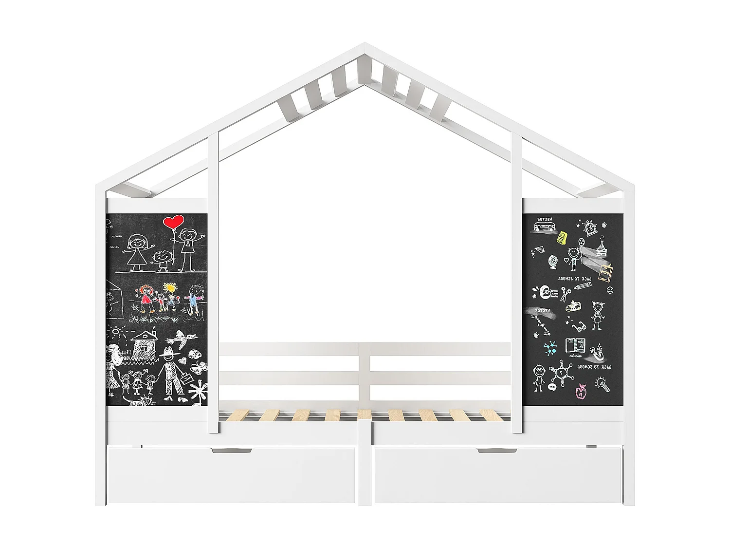 Lit cabane, lit enfant, lit simple, 90x200cm, cadre de lit avec 2 tableaux noirs, 2 tiroirs sous le lit, rangements, blanc(sans Matelas)