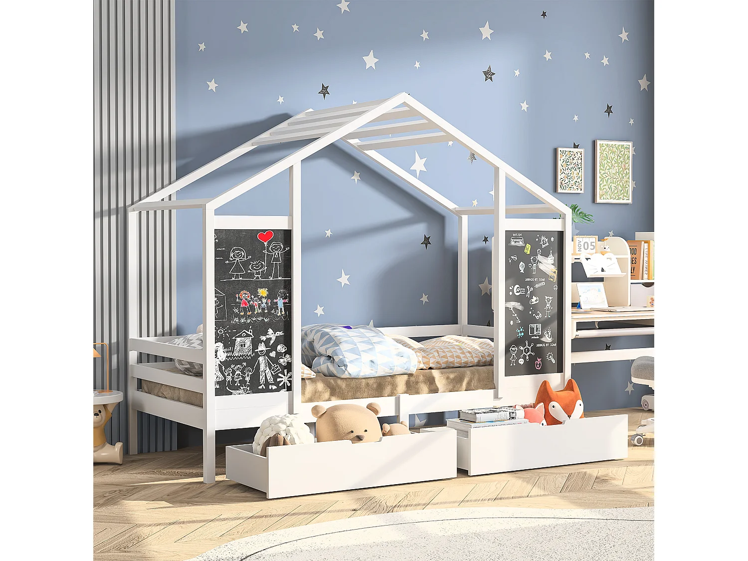 Lit cabane, lit enfant, lit simple, 90x200cm, cadre de lit avec 2 tableaux noirs, 2 tiroirs sous le lit, rangements, blanc(sans Matelas)