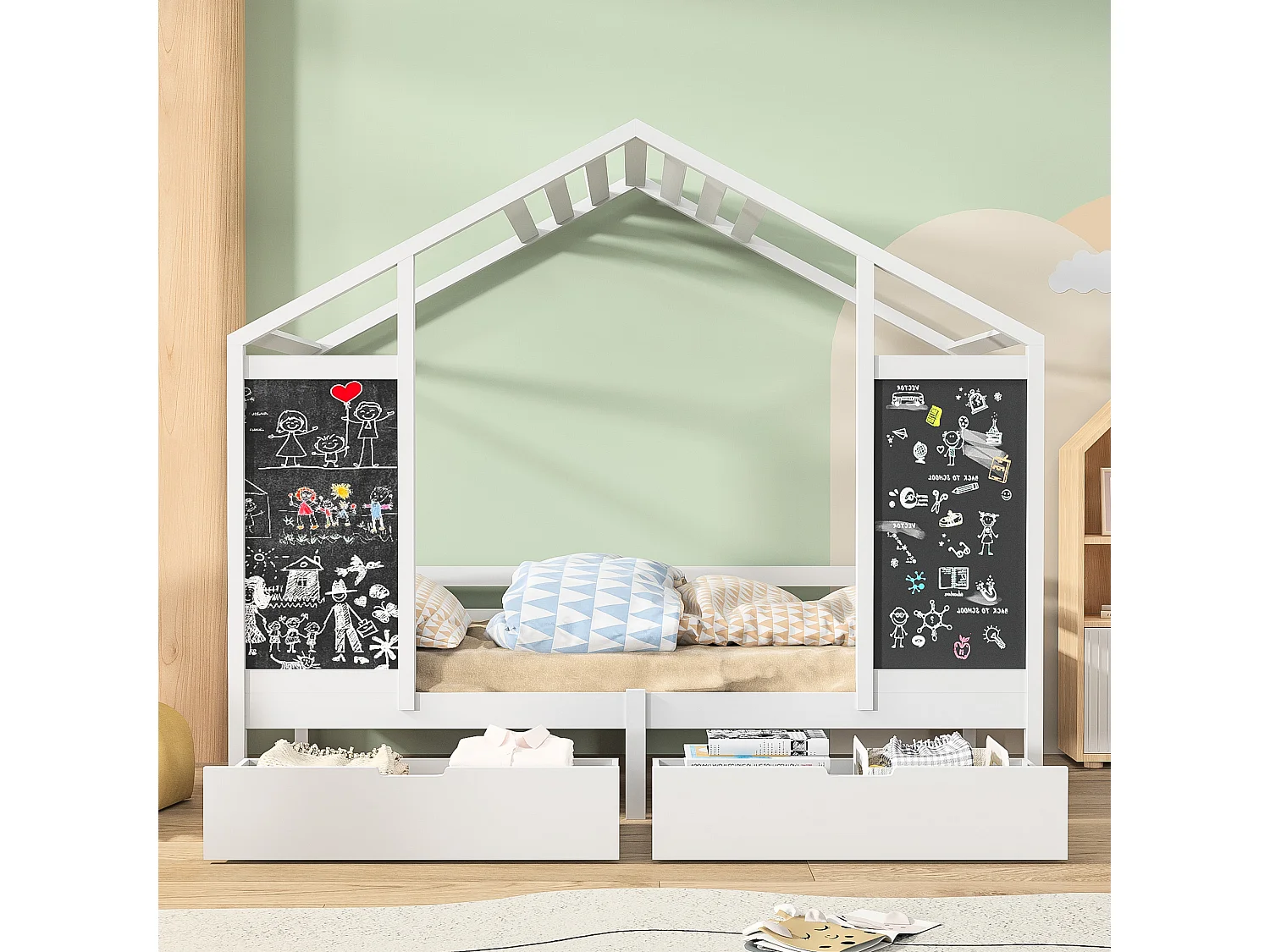 Lit cabane, lit enfant, lit simple, 90x200cm, cadre de lit avec 2 tableaux noirs, 2 tiroirs sous le lit, rangements, blanc(sans Matelas)