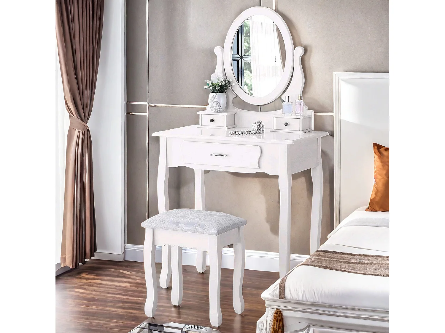 Coiffeuse, miroir simple, 3 tiroirs, tabouret, rangement, chambre, blanc