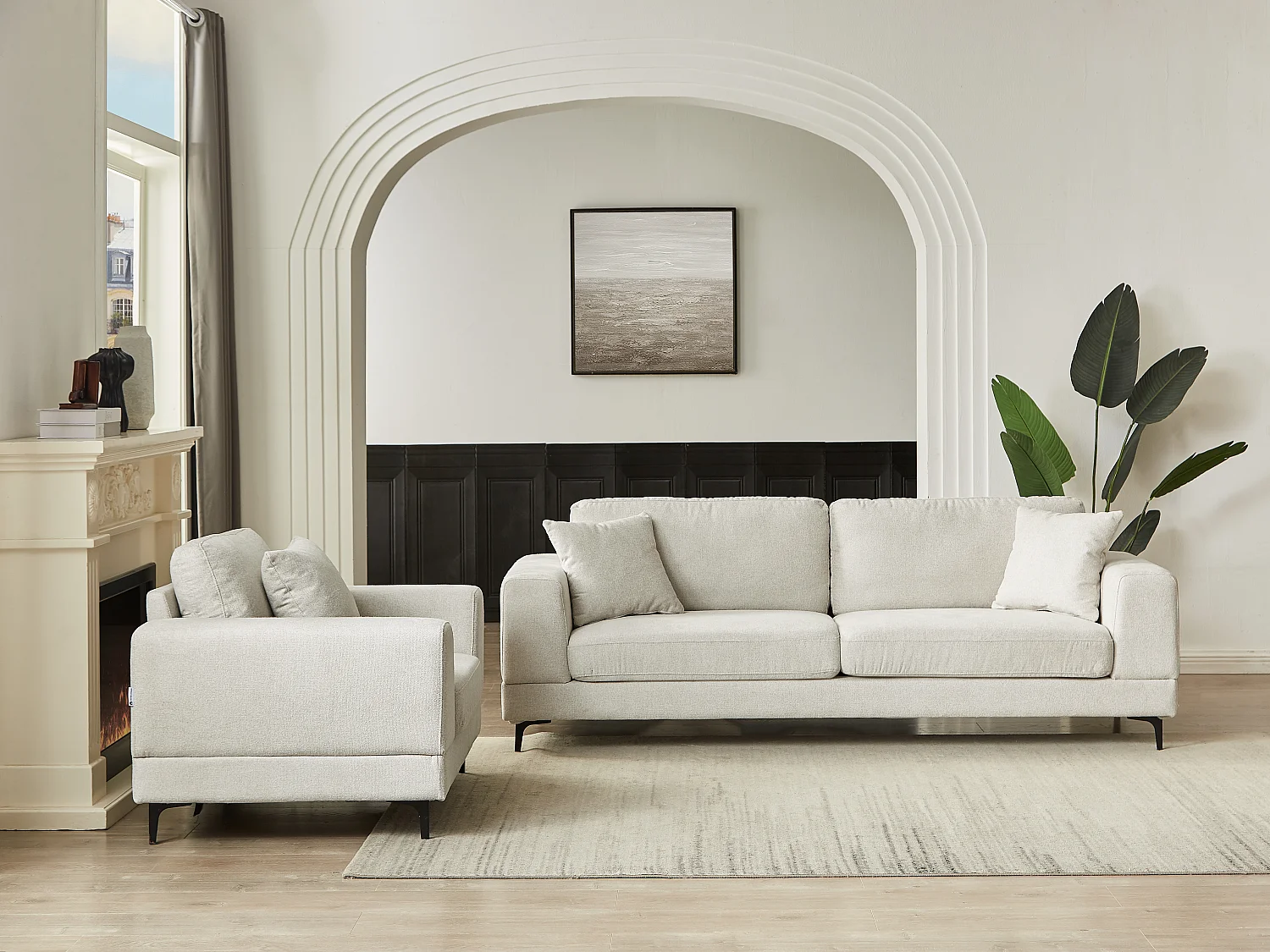 Canapé 3 places et fauteuil en tissu texturé beige JAMOLO