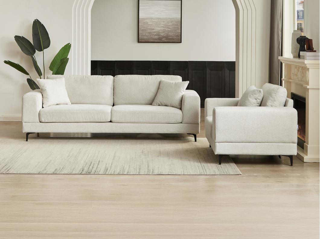 Sofá de 3 plazas y sillón de tela texturizada beige JAMOLO