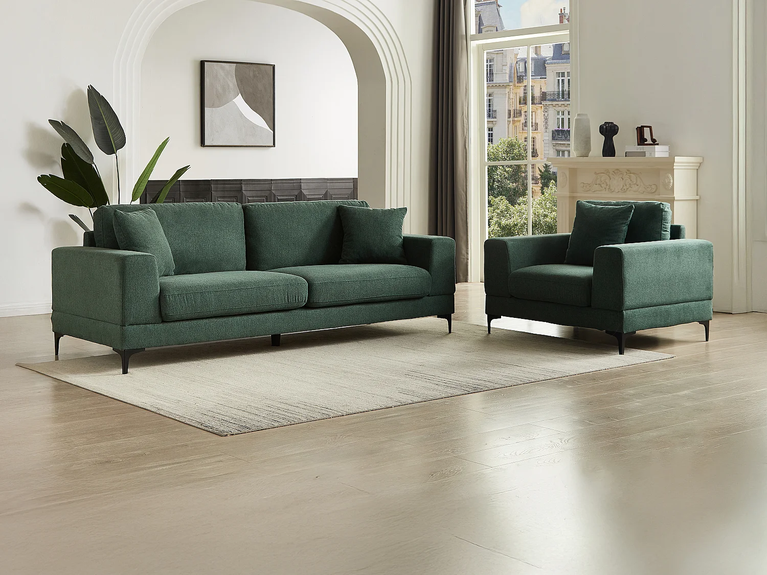 Canapé 3 places et fauteuil en tissu texturé vert JAMOLO