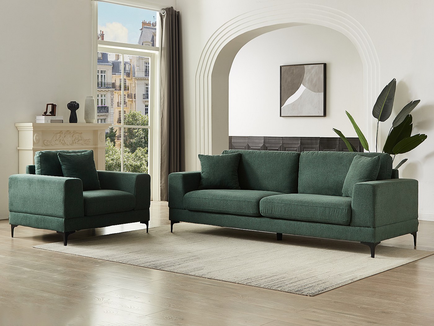Ensemble Canapé 3 Places 2 Fauteuils En Tissu Canapé 3 places et fauteuil en tissu texturé vert JAMOLO