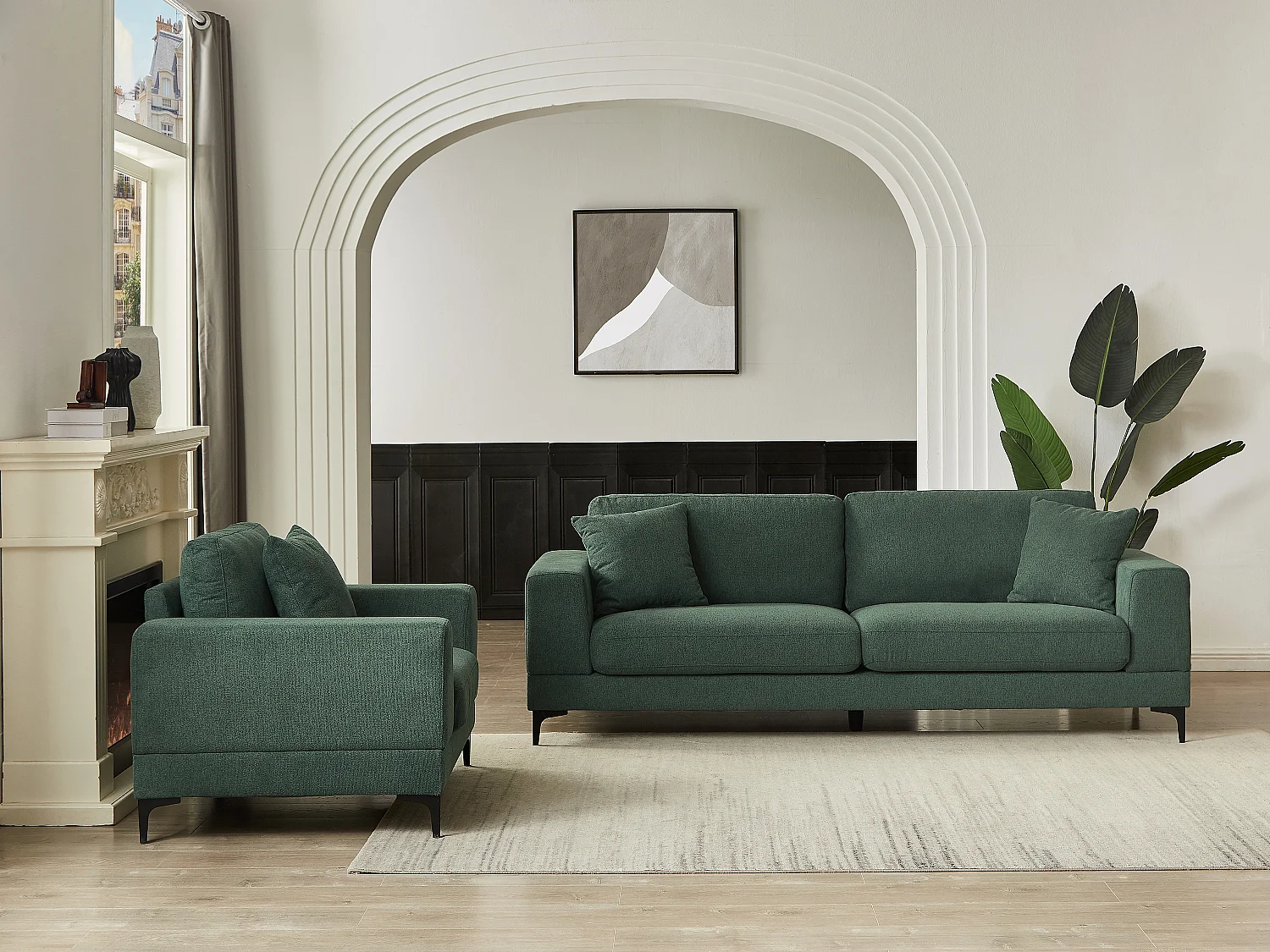 Canapé 3 places et fauteuil en tissu texturé vert JAMOLO