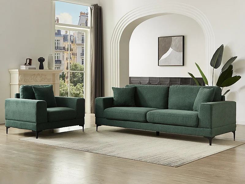 3-seters sofa og lenestol i teksturert grønn stoff JAMOLO