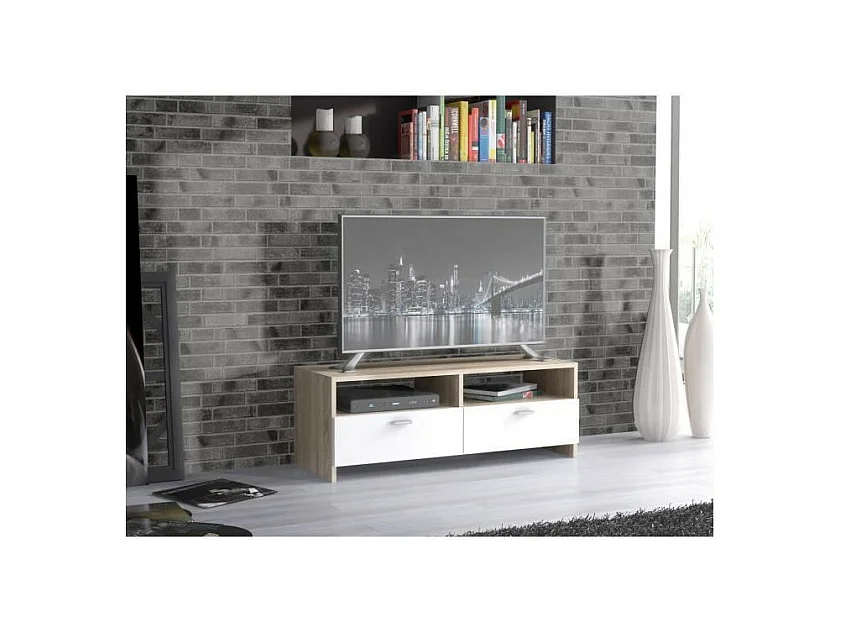 Zeitgemäßer mattweißer und Eichen-TV-Schrank mit cleverem Stauraum, 95 cm