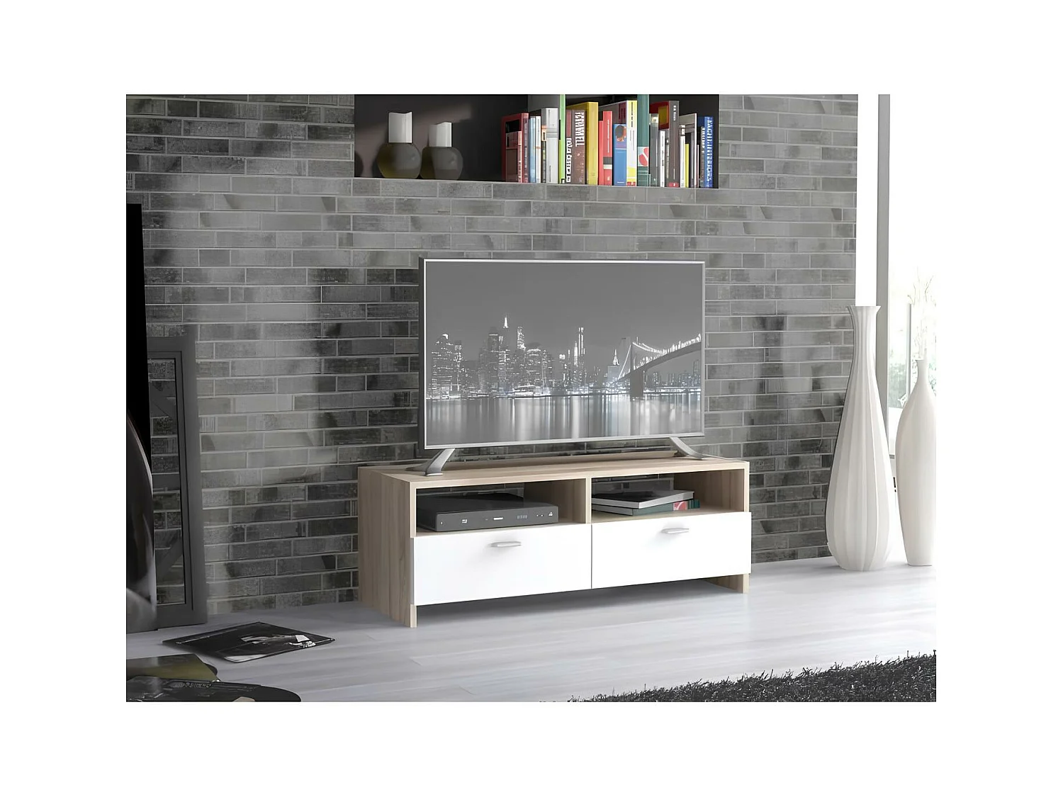 Zeitgemäßer mattweißer und Eichen-TV-Schrank mit cleverem Stauraum, 95 cm