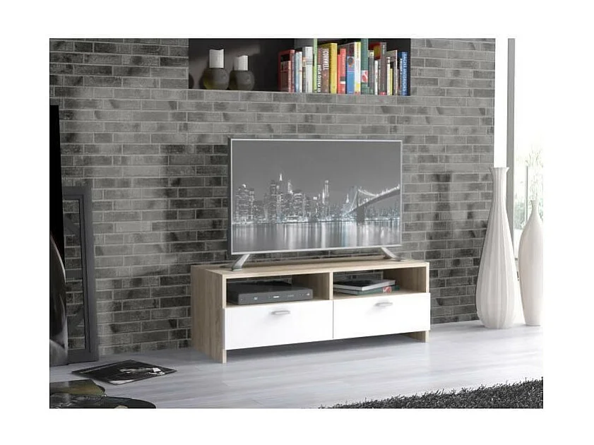 Meuble TV contemporain blanc mat et chêne, 95 cm, Helppo