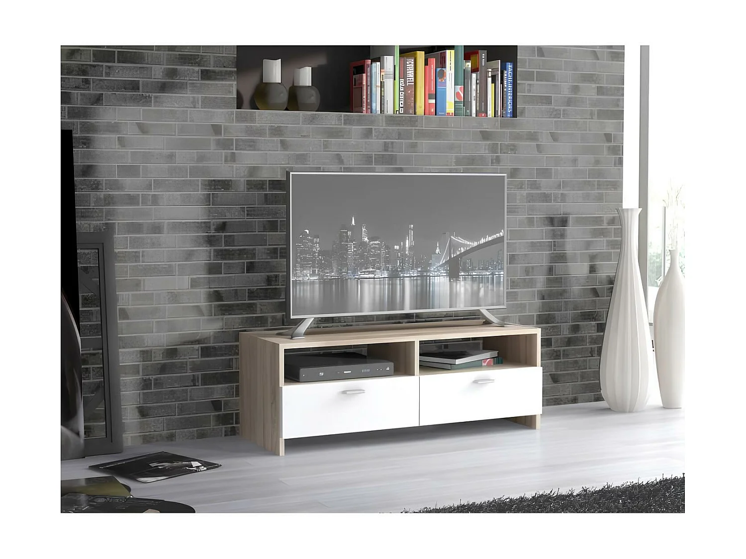 Meuble TV contemporain blanc mat et chêne, 95 cm, Helppo