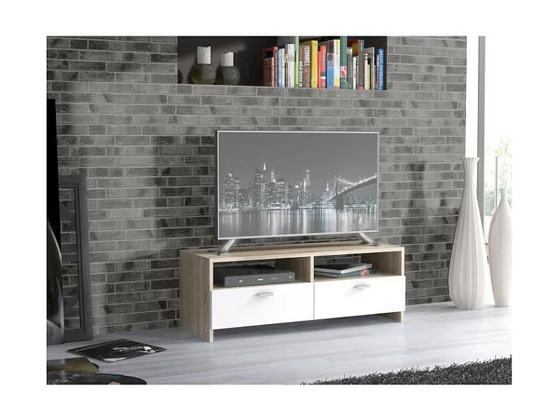 Eigentijdse mat witte en eiken TV-meubel, slimme opbergruimte, 95 cm