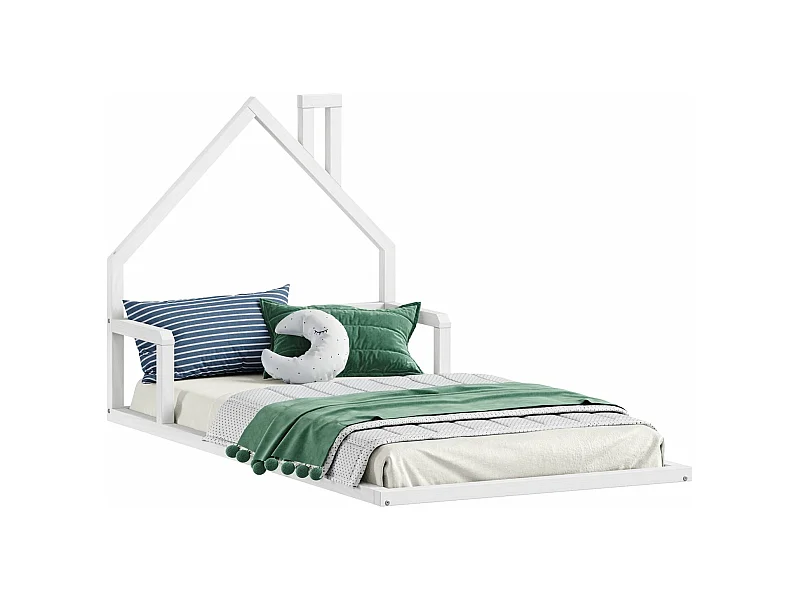 Lit enfant ELOA au sol 90x190 cm de type Montessori, tête de lit en forme de maison, en bois massif lasuré blanc