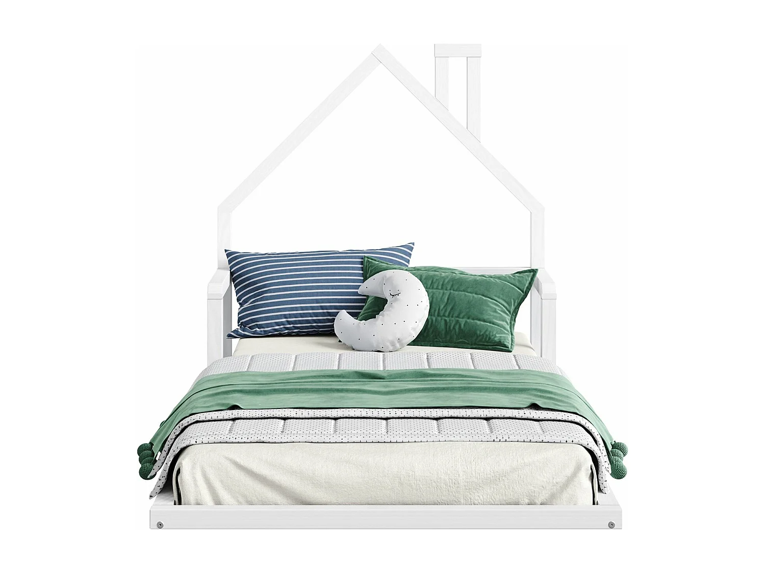 Lit enfant ELOA au sol 90x190 cm de type Montessori, tête de lit en forme de maison, en bois massif lasuré blanc