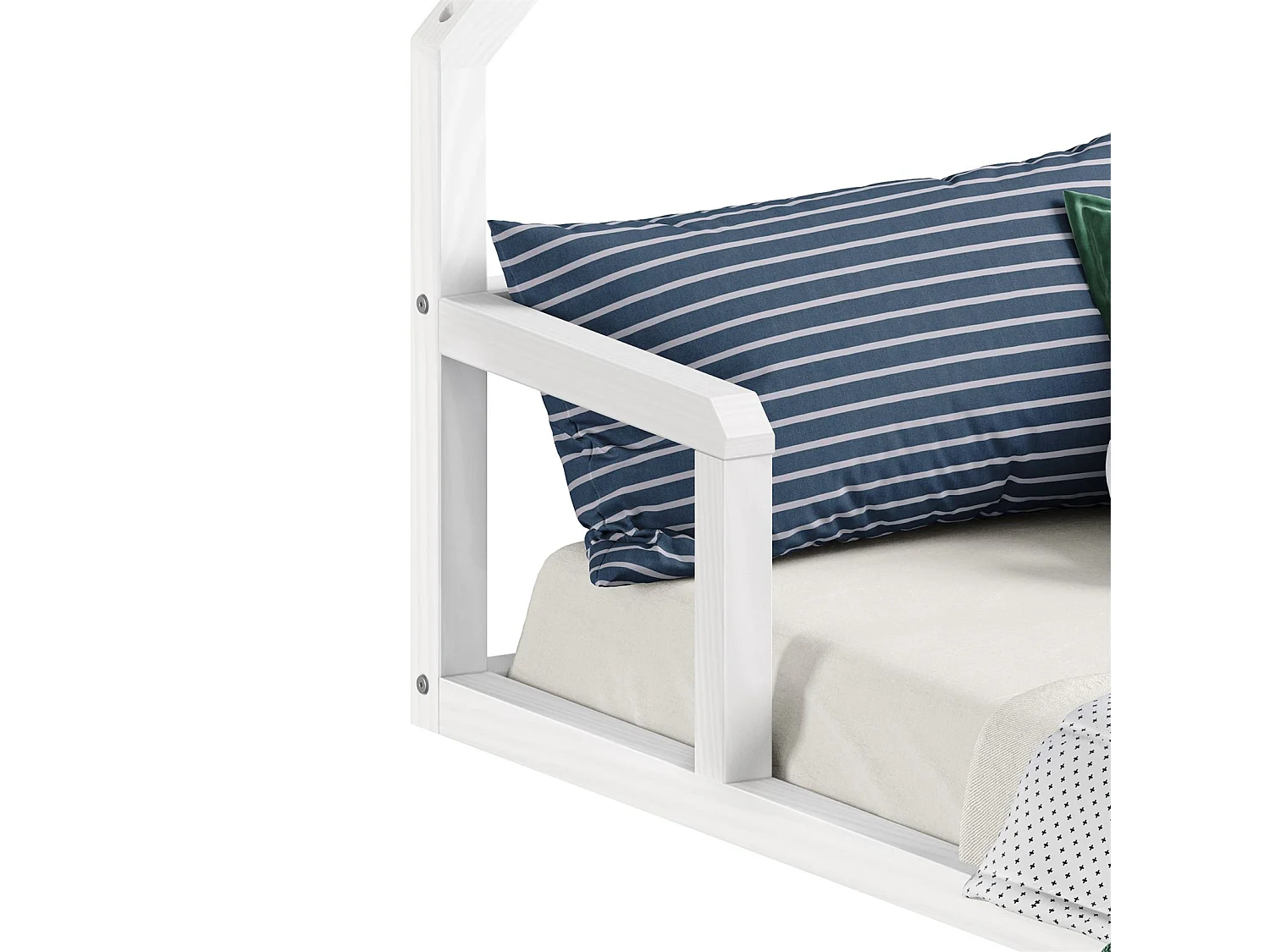 Lit enfant ELOA au sol 90x190 cm de type Montessori, tête de lit en forme de maison, en bois massif lasuré blanc