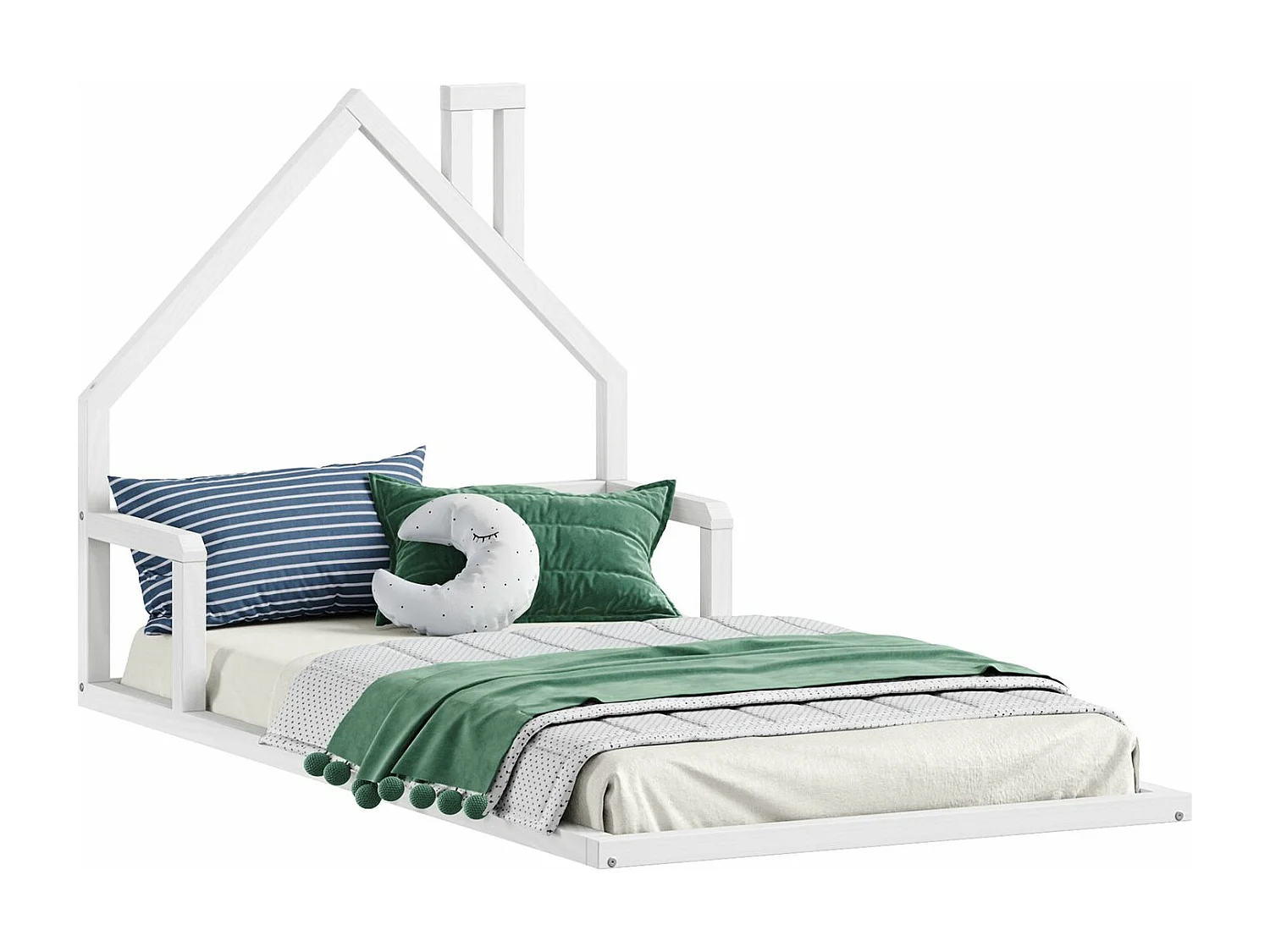 Lit enfant ELOA au sol 90x190 cm de type Montessori, tête de lit en forme de maison, en bois massif lasuré blanc