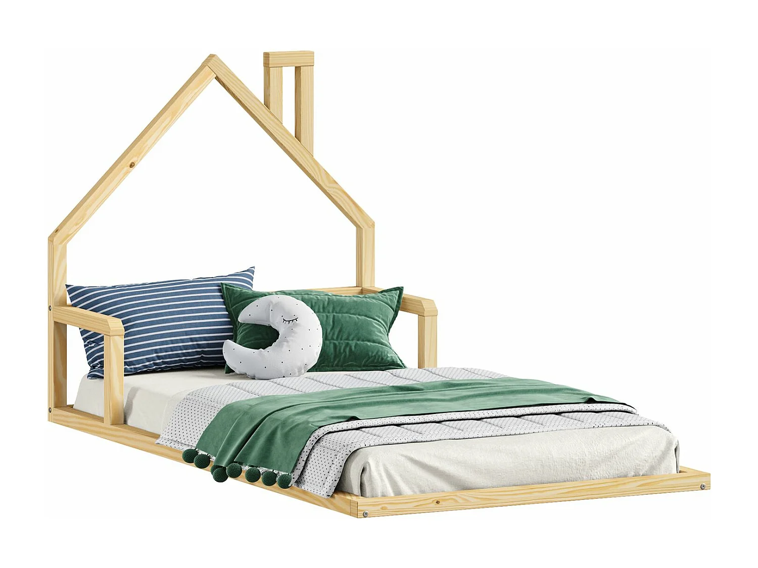 Lit enfant ELOA au sol 90x200 cm de type Montessori, tête de lit en forme de maison, en bois massif naturel
