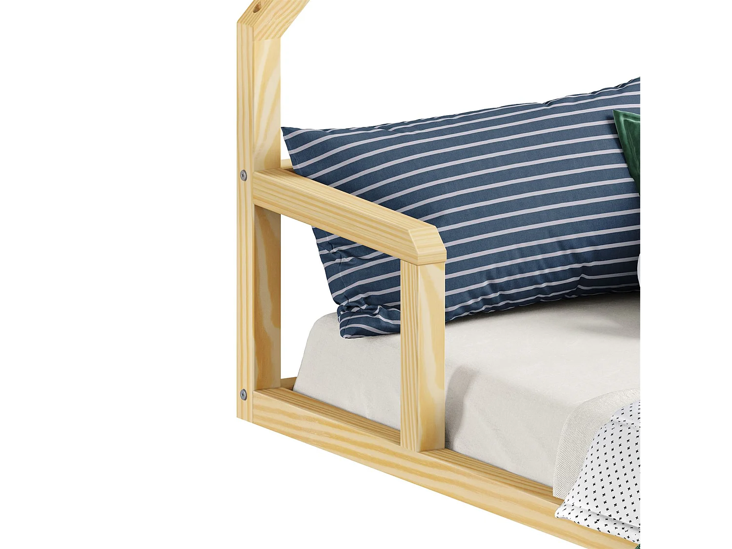 Lit enfant ELOA au sol 90x200 cm de type Montessori, tête de lit en forme de maison, en bois massif naturel